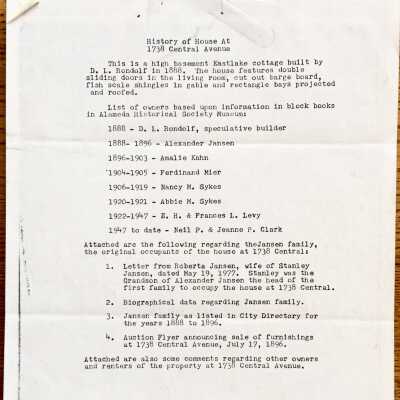 Typed 'History of House at 1738 Central Avenue', by Mr. and Mrs. Clark, c. 1977