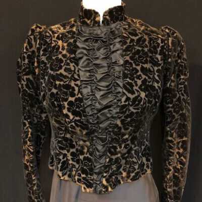 Black top with iron stays of cut velvet in floral pattern, late 1880s - early 1890s