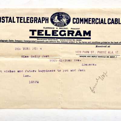 Telegram sent to Miss Emily Jost, on her marriage to J.F. Hanson, 1913