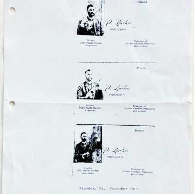Print-out of calling cards with photos of P. Bacher, 1905