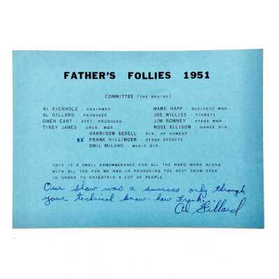 Thank you note & Photo cast 'Father's Follies' by Lincoln High School Dads Club, 1951