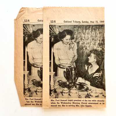 Newspaper Clipping about Mrs. Samuel being served tea, 1949