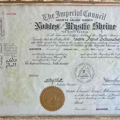 Certificate of Membership of E. A. Schumacher from AAHMES Temple, 1920
