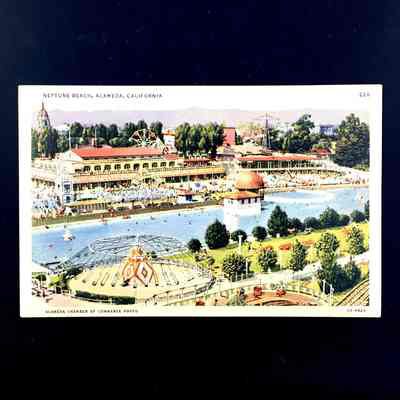 Lithograph postcard of the huge swimming pool at Neptune Beach, late 1930s