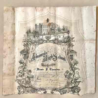 Alameda High School Diploma awarded to Mamie Thornton, 1889