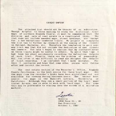 'Caveat Emptor' Listing of tracts for Northern Alameda County, 1987
