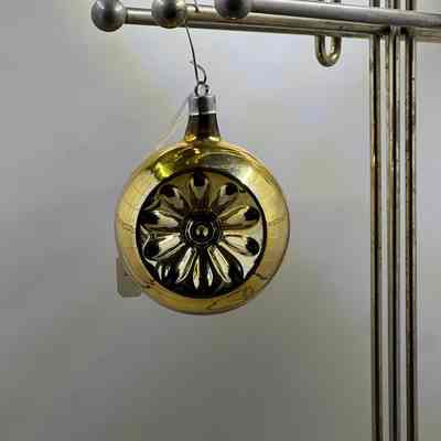 Yellow Spherical Ornament with Two Daisy Flower Recesses Glass Christmas Ornament, c. 1980s.