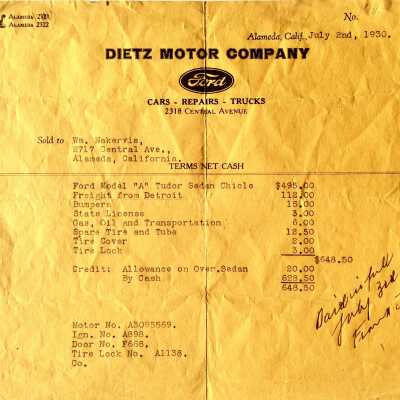 Receipt Dietz Motor Company, Alameda, Ford Model A, 1930