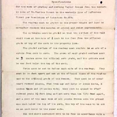 Specifications for roadwork on Taylor Ave, c. 1890s