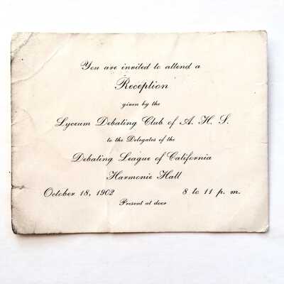 Invitation to Reception by High School Lyceum Debating Club, 1902