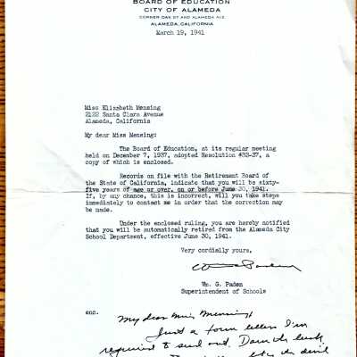 Letter to Elizabeth Mensing about retirement School Department, 1941