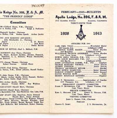 Bulletin Apollo Lodge No. 396 (Mason), February 1943