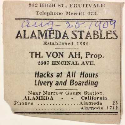 Clipping of advertisement for 'Alameda Stables', 1909