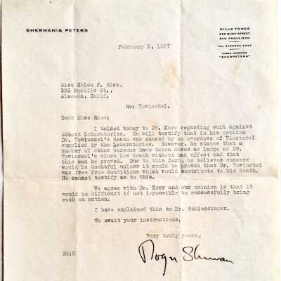 Letter to Helen Rice from Roger Sherman, attorney, 1937