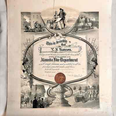 Certificate awarded Peter J. Hanson for serving as Exempt Fireman, 1895