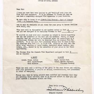 Letter regarding volunteer Fire Unit of the Civil Defense, 1951