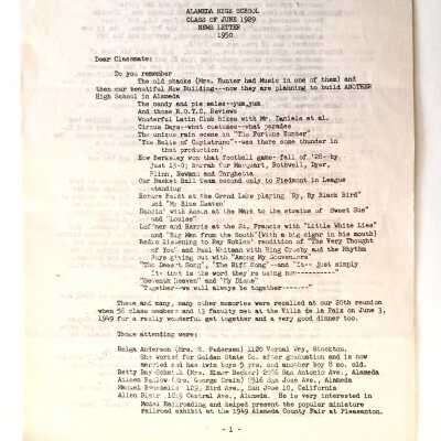 Alameda High School Class of 1929 Newsletter, 1950