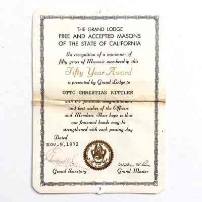 Fifty_year Masonic membership award of Otto Rittler, 1972