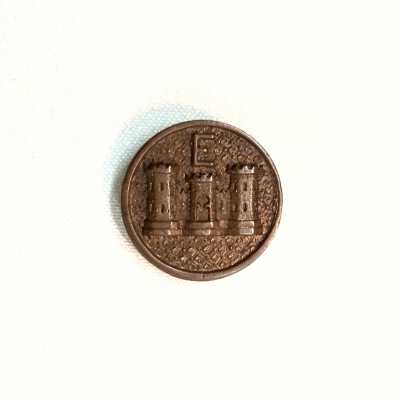 Brass button with castles and E from a US Army uniform, 1941-1945