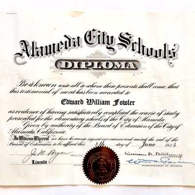 Lincoln School Diploma awarded Edward William Fowler, 1934