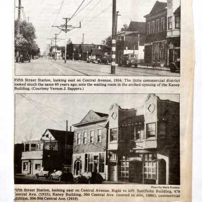 Clipping of then-now comparison of Fifth Street Station, c 1994