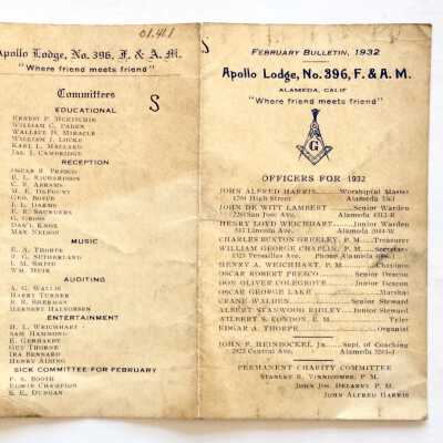 Booklet announcing events for February 1932, Apollo Lodge, Masonic Lodge