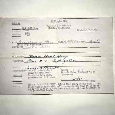 Sick leave form submitted by Rosa Armstrong, NAS, 1944