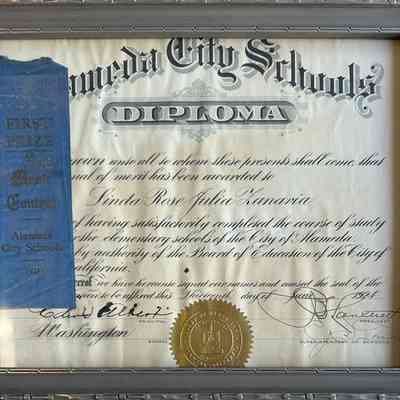 Washigton School Diploma issued to Linda Rose Zanaria, 1924