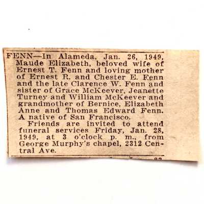 Obituary notice clipping about Maude Elizabeth Fenn, 1949