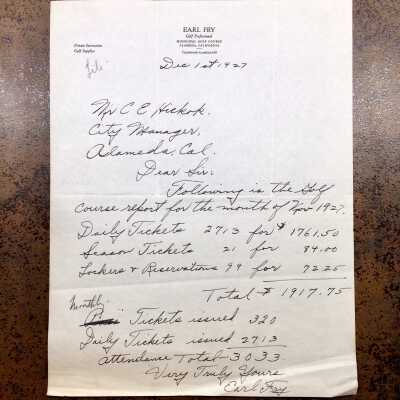Letter from Earl Fry about proceeds Municipal Golf Course, 1927