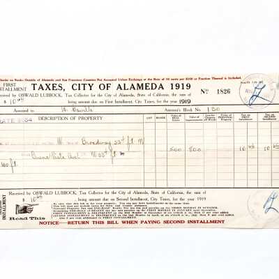 Alameda City Tax Receipt assessed to H. Cavill, 1705 Broadway, 1919