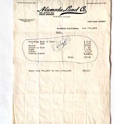 Receipt closing costs for O'Hare residence, 1808 Pearl Street, 1922