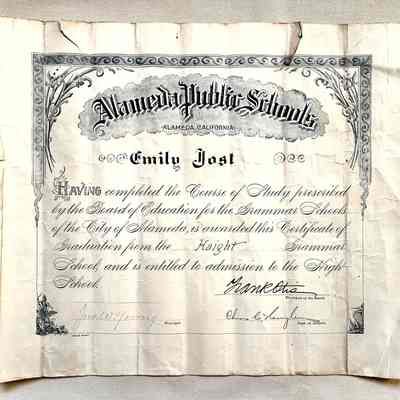Haight Grammar School Diploma awarded to Emily Jost, early 1900s
