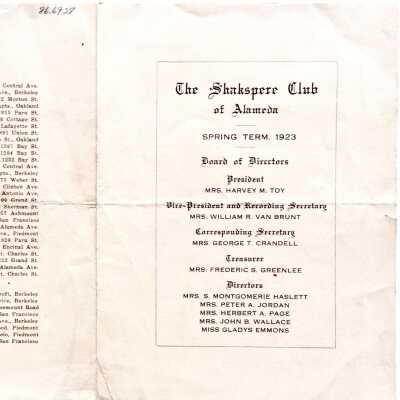 Program Shakspere Club of Alameda, Spring 1923