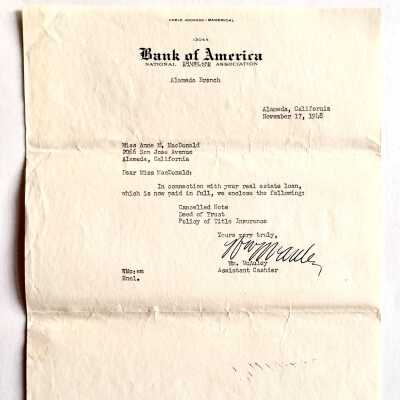 Letter from Bank of America to Anne Macdonald about loan payment, 1948
