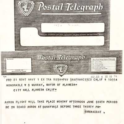 Telegram sent to Mayor Murray, re Flight of 'Akron', 1932