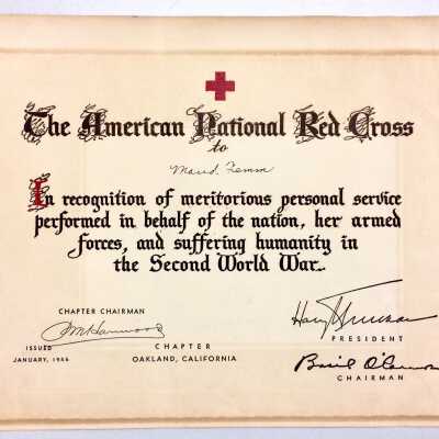 Certificate from Red Cross to Maude Fenn for services in WWII, 1946