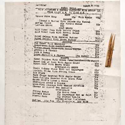 Copy of a menu from Paras Grill, with toothpicks, 1930