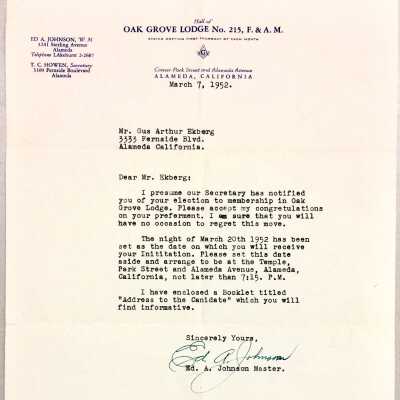 Letter about Masons Oak Grove Lodge membership of Gus Ekberg, 1952