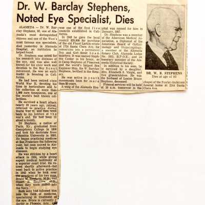 Clipping about the death of Dr. W. Barclay Stephens, 1962