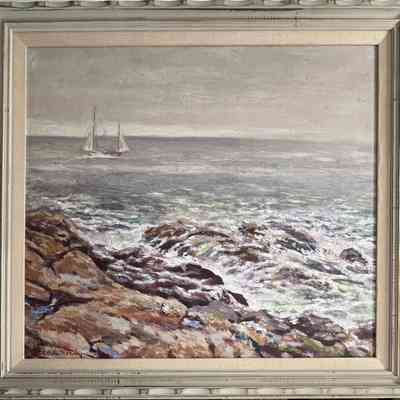 Oil painting with masted ship, by H. Melville Fisher, prior to 1946