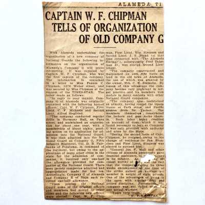 Newspaper Clipping about National Guard Company G and W.F. Chipman, c. 1920