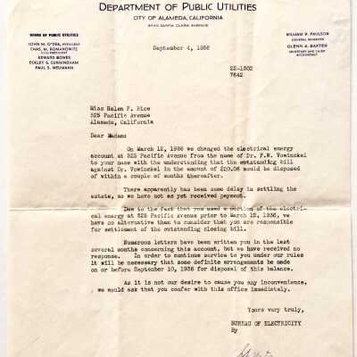 Letter about payment of Electrical Bill at 325 Pacific Ave, 1936