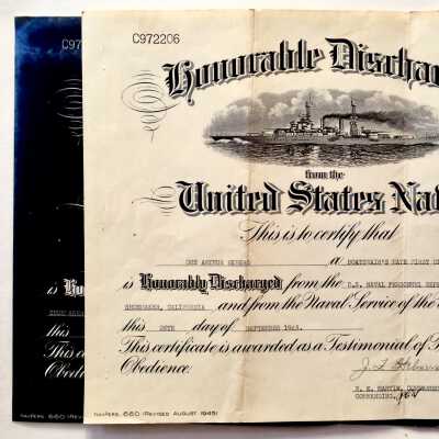 Honorable Discharge from US Navy for Gus A. Ekberg, 1945