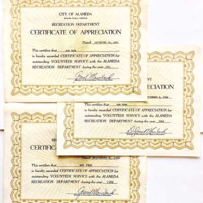 Certificates of Appreciation for volunteer service of Anne Fenn, 1961-1962
