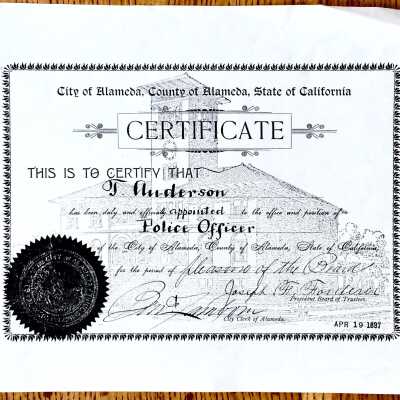 Photocopy of Appointment Certificate awarded T. Anderson, police officer, 1897