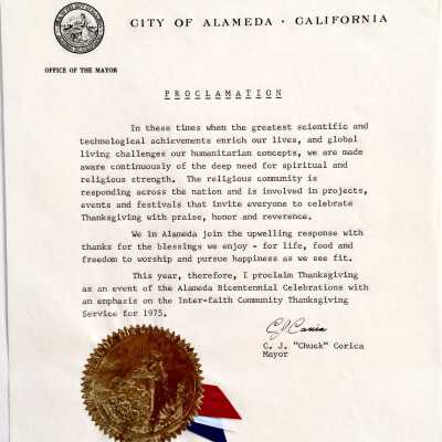 Proclamation of Thanksgiving as an event of the Bicentennial, by Mayor Corica, 1975