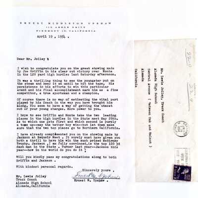Letter in envelope from Ernest Middleton Upshaw to Coach Jolley, 1954