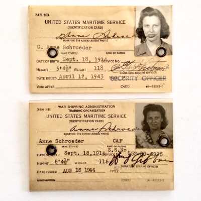 Security ID card for Gertrude Ann Schroeder, US Maritime School, 1943