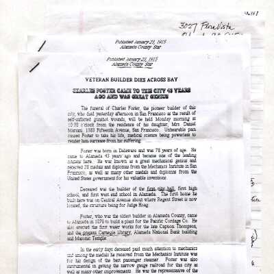 Photocopies of obituary of C. H. Foster, architect and contractor, 1915